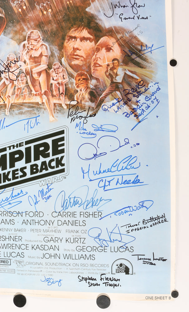 
                  
                    Star Wars: The Empire Strikes Back 26x40 Poster Signed by Harrison Ford, Carrie Fisher, Mark Hamill, Bob Anderson, Dave Prowse, Peter Mayhew, Kenny Baker, Billy Dee Williams, Anthony Daniels, Jeremy Bulloch, Irvin Kershner, & More
                  
                