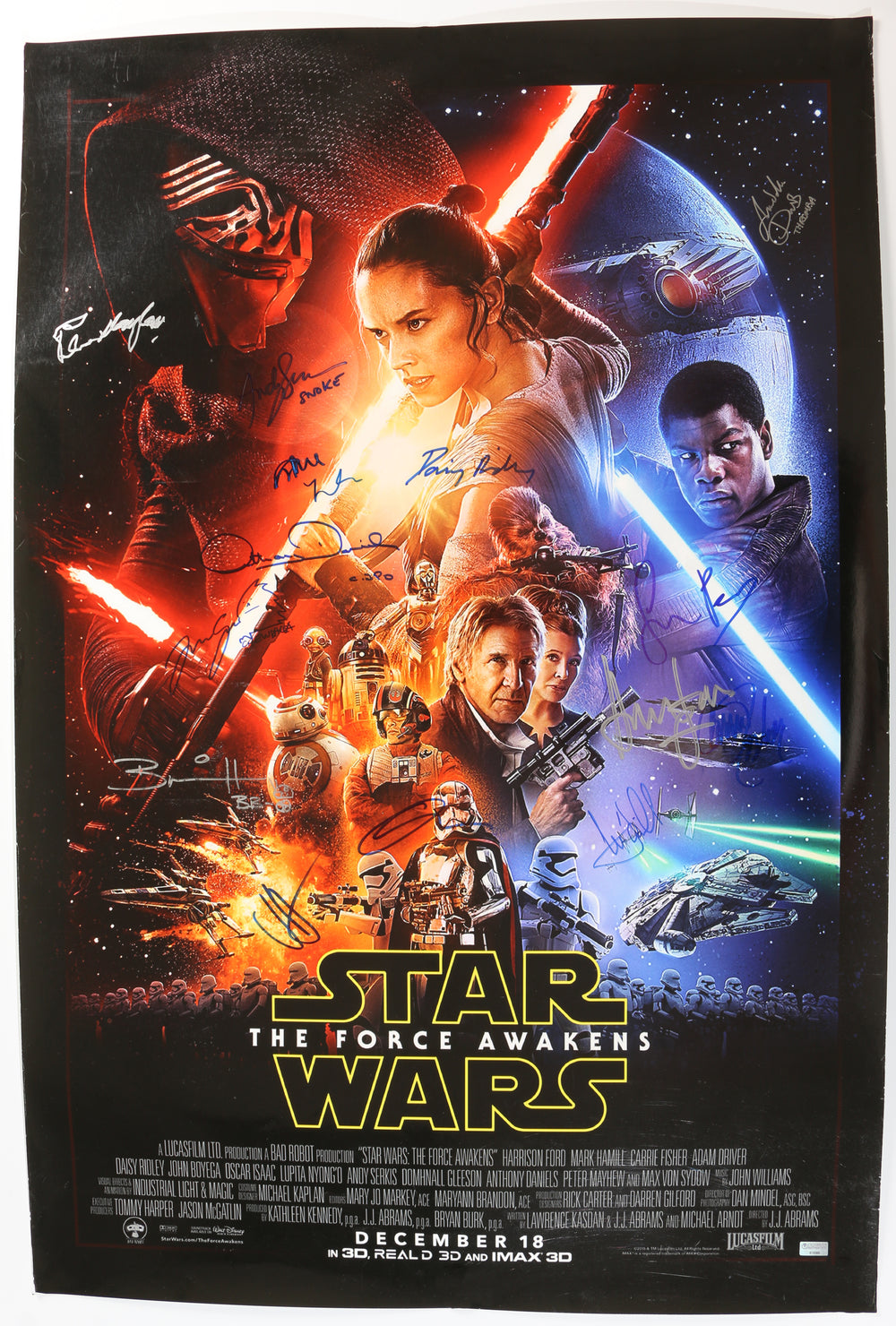 Star Wars: The Force Awakens 24x36 Poster Signed by Harrison Ford, Carrie Fisher, Mark Hamill, Peter Mayhew, Daisy Ridley, Adam Driver, JJ Abrams, Gwendoline Christie, Simon Pegg, Andy Serkis, Anthony Daniels, Joonas Suotamo, & More