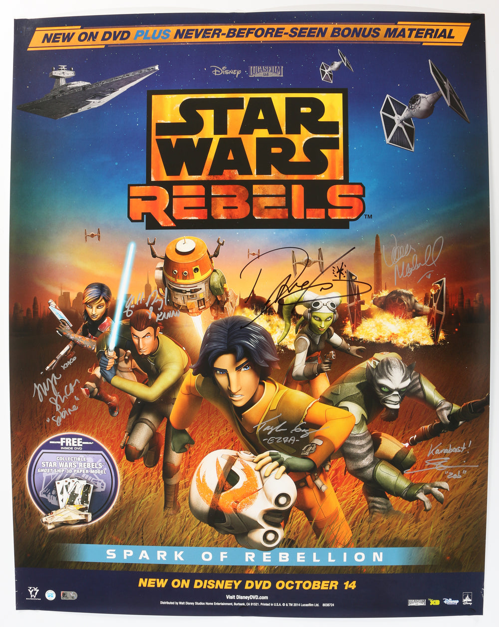 Star Wars: Rebels 22x28 Poster Signed by Dave Filoni, Freddie Prinze Jr., Taylor Gray, Vanessa Marshall, Tiya Sircar, & Steve Blum