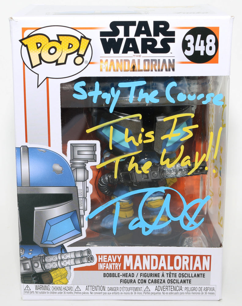 
                  
                    Tait Fletcher as Paz Vizsla / Heavy Infantry Mandalorian in Star Wars: The Mandalorian Signed Funko POP! #348 with Character Name and Quote
                  
                