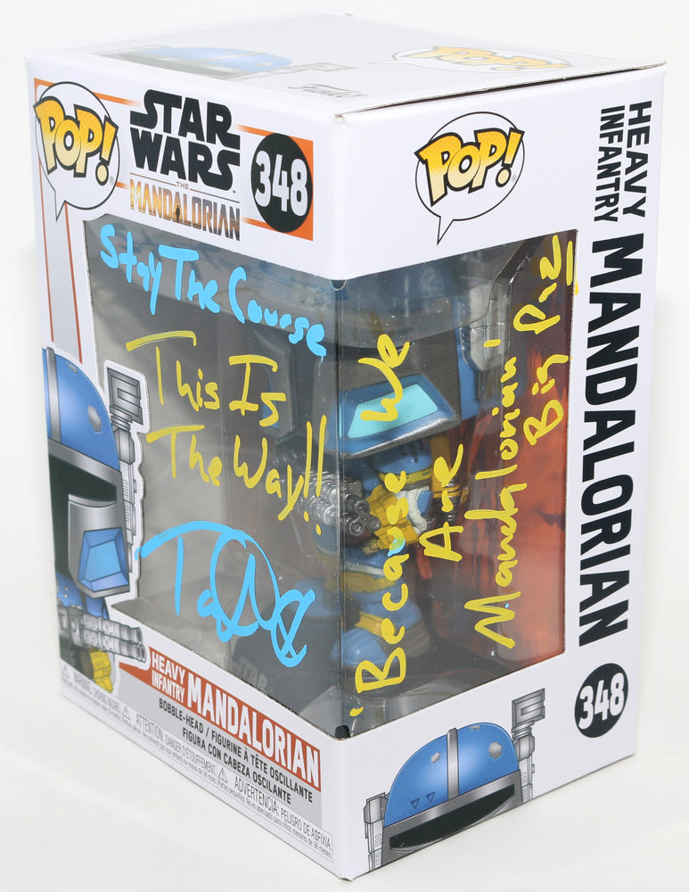 
                  
                    Tait Fletcher as Paz Vizsla / Heavy Infantry Mandalorian in Star Wars: The Mandalorian Signed Funko POP! #348 with Character Name and Quote
                  
                