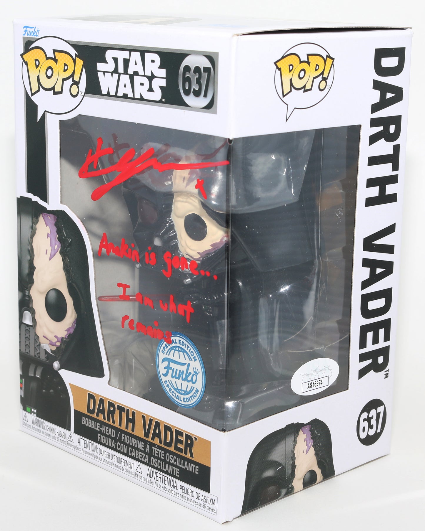 
                  
                    Hayden Christensen as Darth Vader in Star Wars: Obi-Wan Kenobi (JSA) Signed Funko POP! #637 with Quote
                  
                
