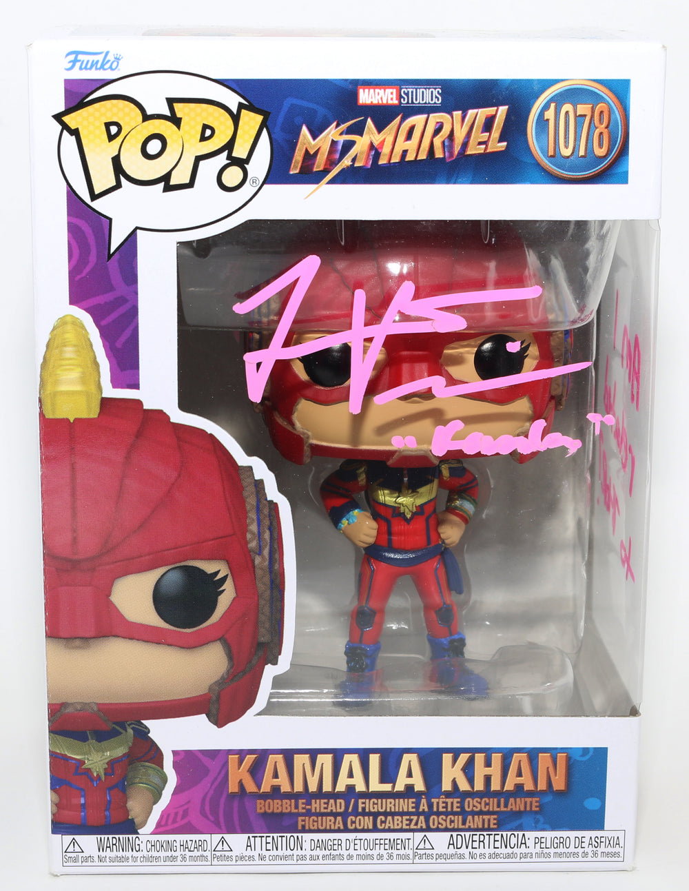 Iman Vellani as Ms. Marvel in Ms. Marvel Signed Funko POP! #1078 with Character Name and Quote