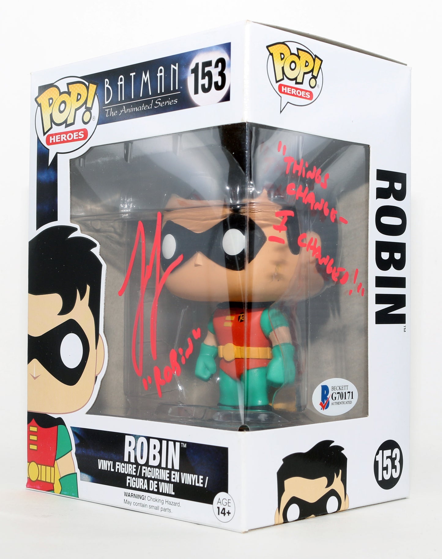 
                  
                    Loren Lester as Robin in Batman the Animated Series (Beckett) Signed Funko POP! #153 with Character Name & Quote
                  
                