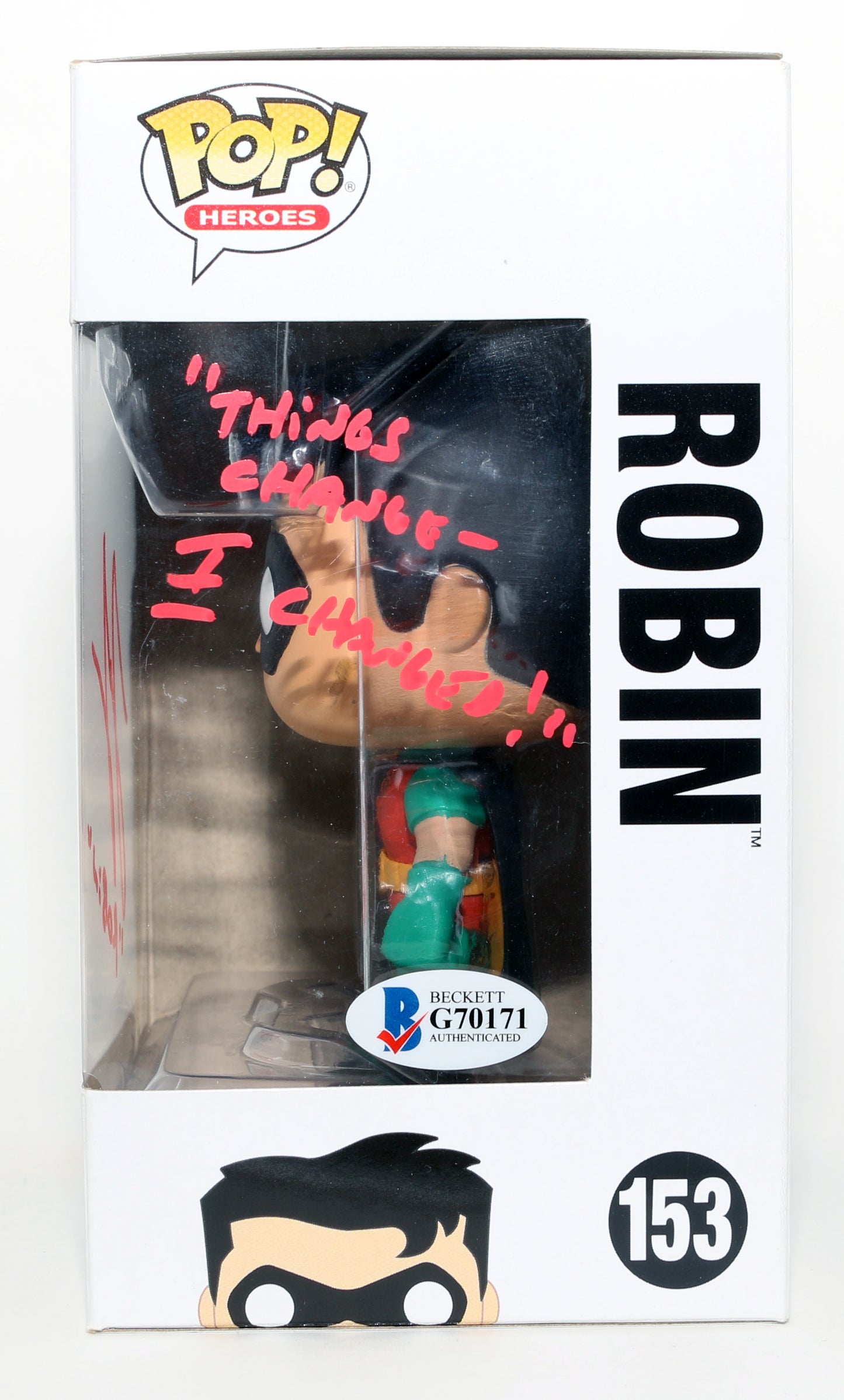 
                  
                    Loren Lester as Robin in Batman the Animated Series (Beckett) Signed Funko POP! #153 with Character Name & Quote
                  
                