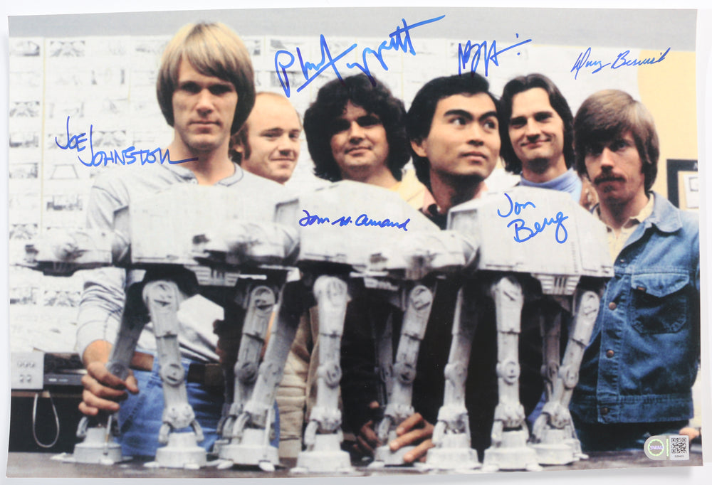 Joe Johnston, Phil Tippett, Tom St. Amand, Nilo Rodis-Jamero, Jon Berg, & Doug Beswick with AT-AT Models Behind the Scenes of Star Wars: The Empire Strikes Back (SWAU) Signed 12x18 Photo