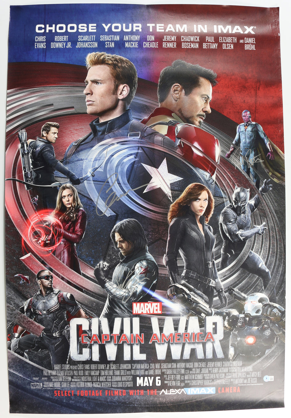 Captain America: Civil War 27x40 Poster (Beckett Witnessed) Cast Signed by Chris Evans, Sebastian Stan, & Paul Bettany