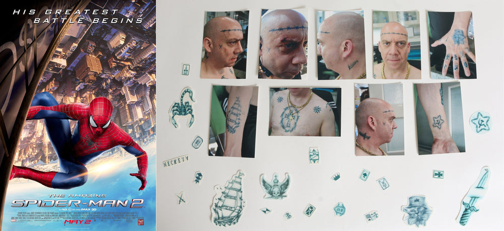 
                  
                    The Amazing Spider-Man 2 Aleksei Systevich Paul Giamatti's Unused Faux Tattoos & Continuity Photos Production Made Wardrobe - 2014
                  
                