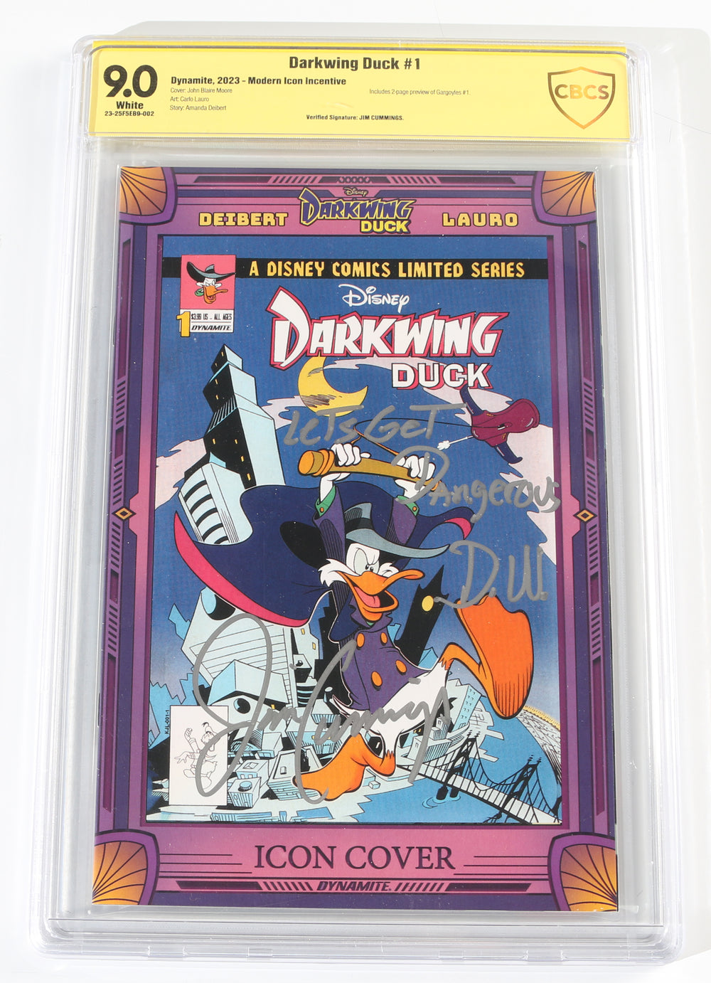 Darkwing Duck #1 Signed by Jim Cummings as Darkwing Duck from Darkwing Duck (CBCS Authentic Signature Program) 2023 with Character Name Initials & Quote
