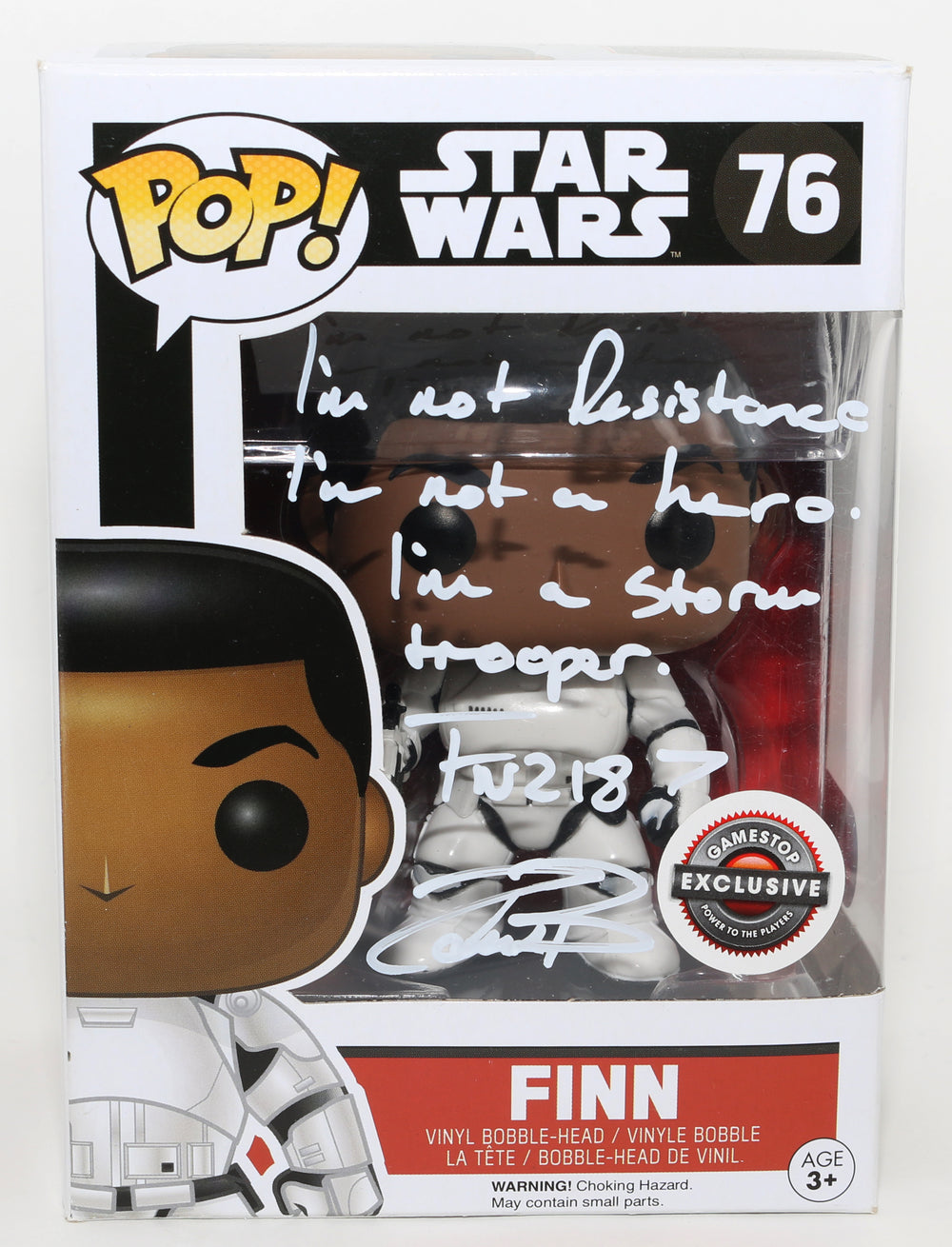 John Boyega as Finn in Star Wars: The Force Awakens GameStop Exclusive (SWAU) Signed Funko POP! #76 with Character Name and Quote