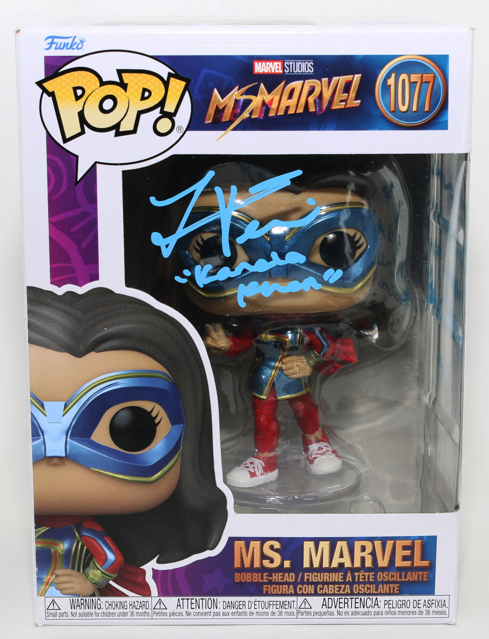Iman Vellani as Ms. Marvel in Ms. Marvel (JSA) Signed Funko POP! #1077 with Character Name and Quote