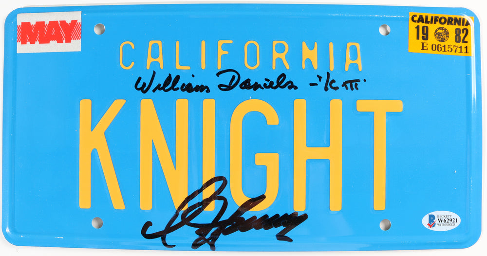 David Hasselhoff as Michael Knight & William Daniels as KITT in Knight Rider (Beckett) Signed License Plate