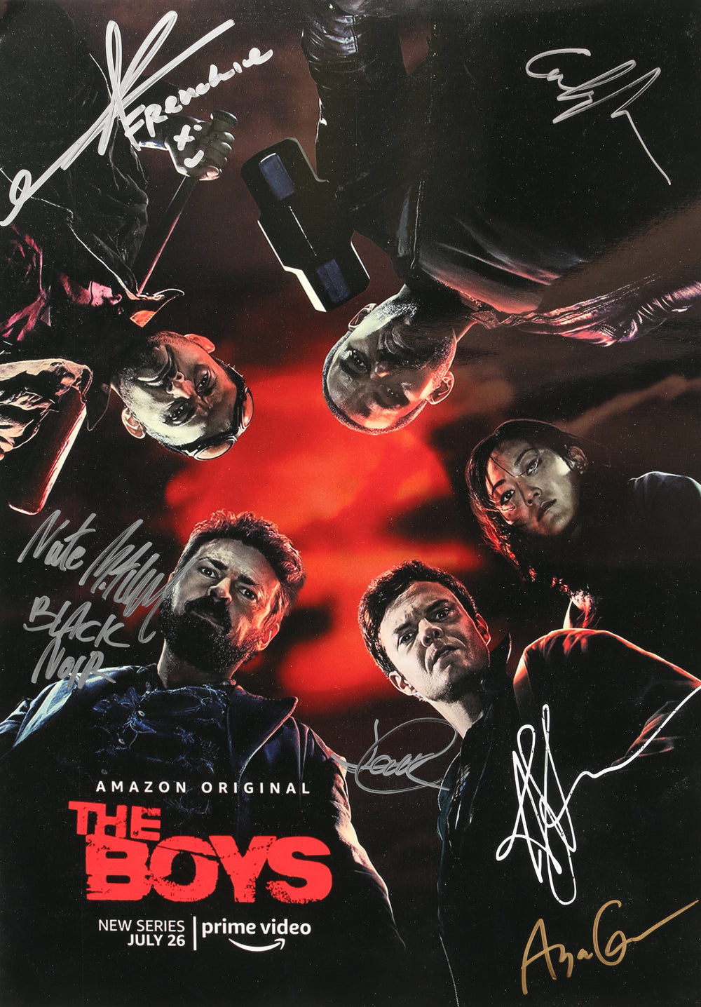The Boys 16.5x12 Mini Poster Cast Signed by Aya Cash, Anthony Starr, Colby Minifie, Tomer Capone, Nathan Mitchell, & Jack Quaid with Character Names