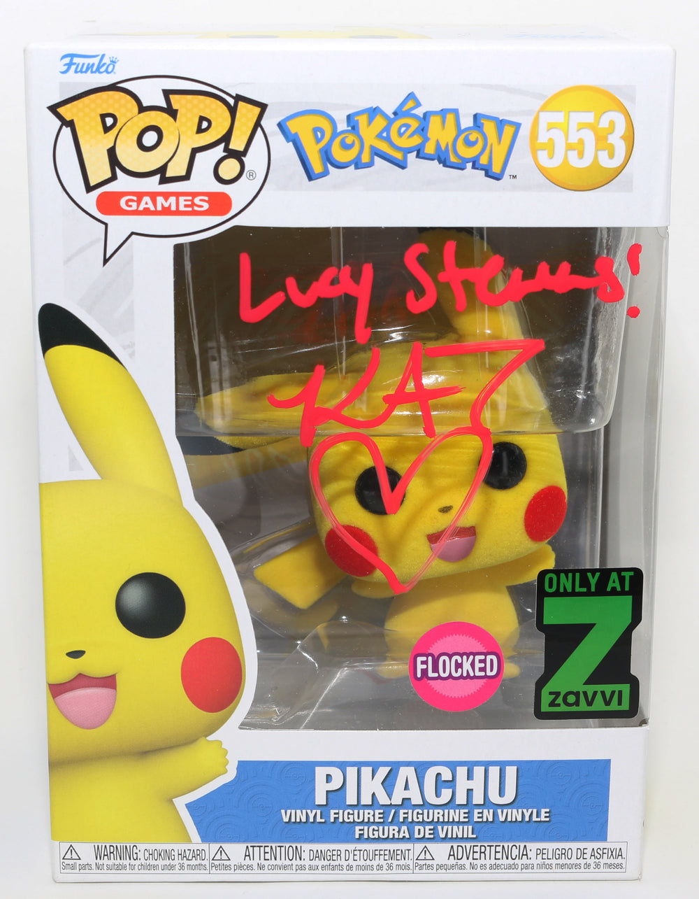 Kathryn Newton as Lucy Stevens in Detective Pikachu Flocked Zavvi Exclusive Signed Funko POP! #553 with Character Name