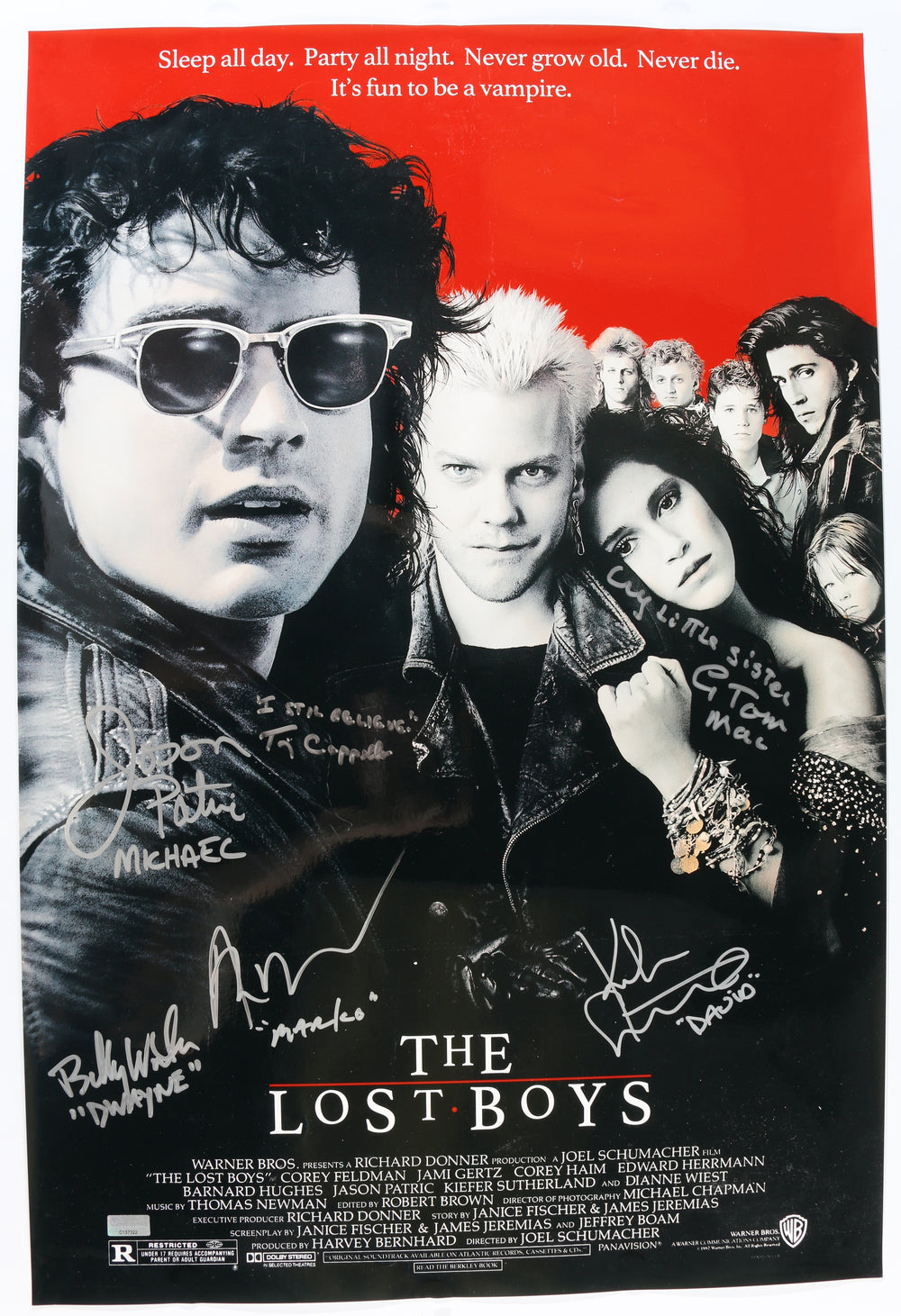 The Lost Boys (Celebrity Authentics) 16x24 Mini Poster Cast Signed by Jason Patric, Keither Sutherland, Billy Walsh, Alex Winter, Tim Cappello, & Gerard McMahon