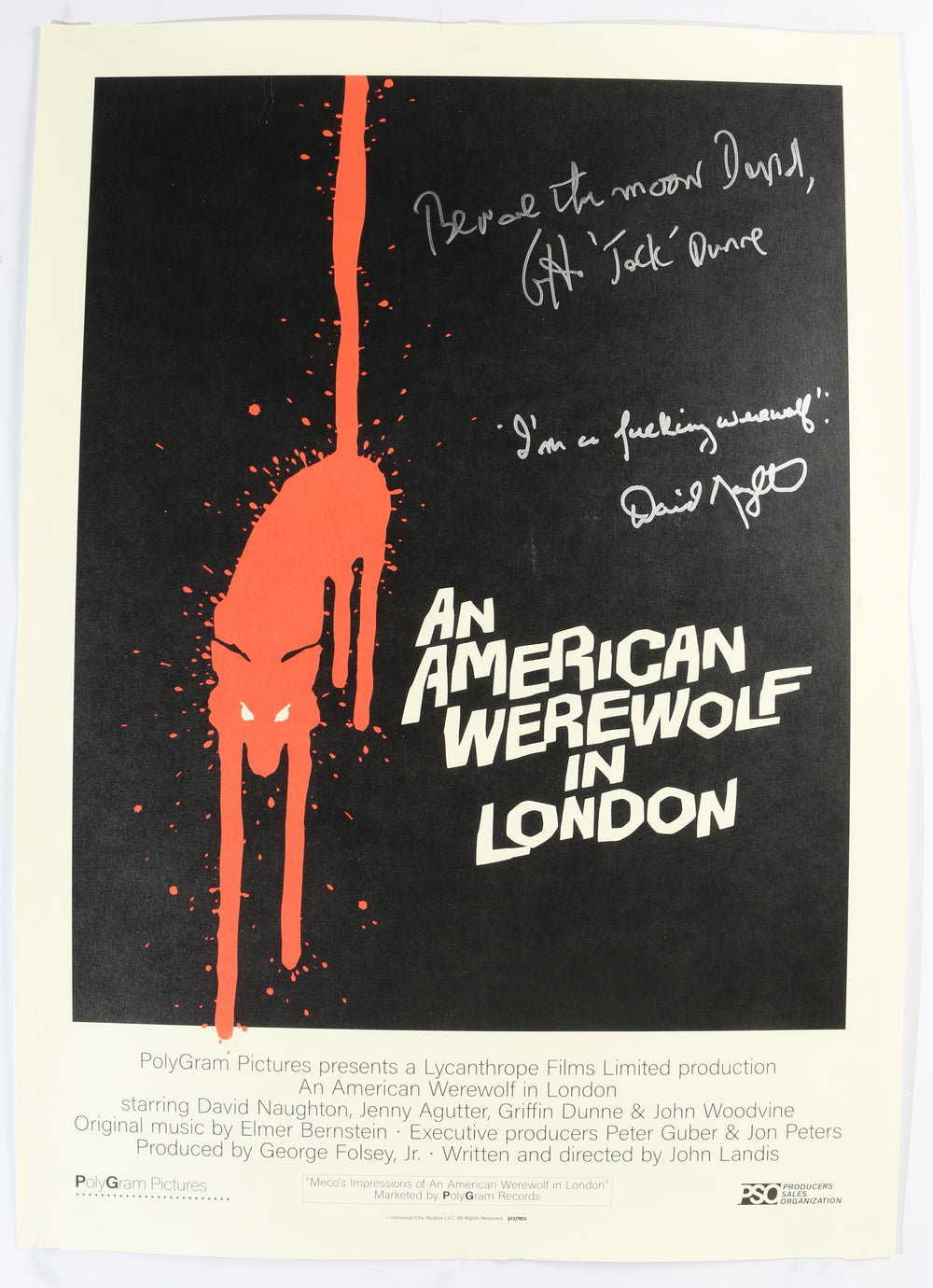 David Naughton as David Kessler & Griffin Dunne as Jack Goodman in An American Werewolf in London Signed 16.5x23 Poster with Character Name & Quotes