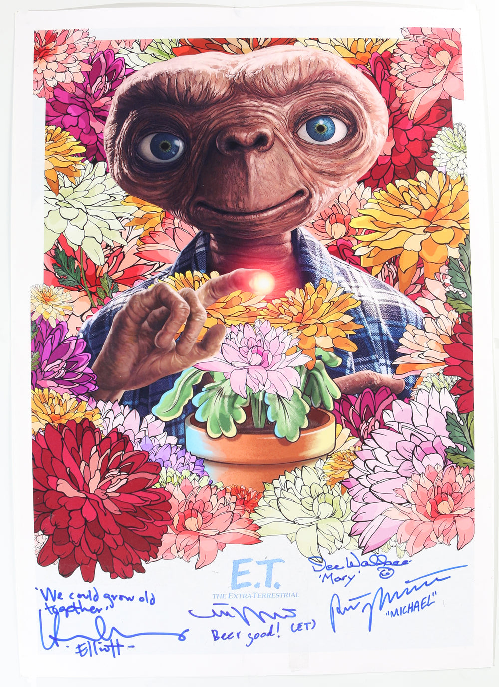 E.T. the Extra-Terrestrial 16.5x23 Poster Cast Signed by Henry Thomas, Dee Wallace, Robert MacNaughton, & Matthew De Meritt