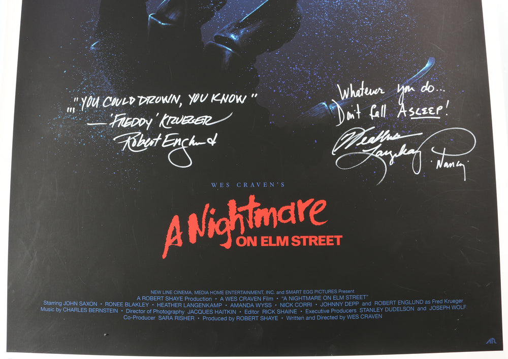 
                  
                    Heather Langenkamp as Nancy Thompson & Robert Englund as Fred "Freddy" Krueger in A Nightmare on Elm Street Signed 24x36 Poster with Character Names & Quotes
                  
                