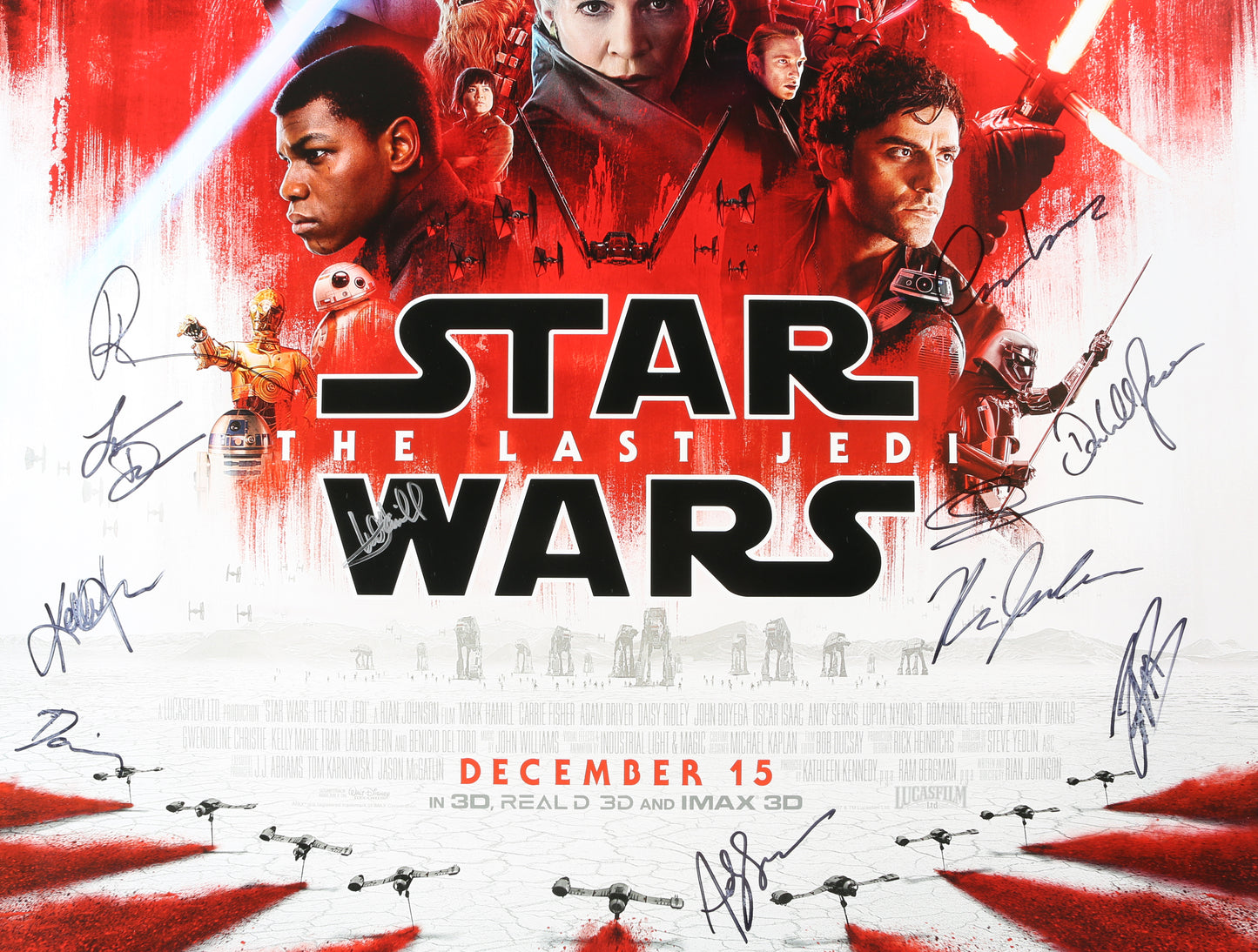 
                  
                    Star Wars: The Last Jedi 27x40 Poster Cast Signed by Daisy Ridley, Adam Driver, Mark Hamill, John Boyega, Oscar Isaac, Gwen Christie, Laura Dern, Domhnall Gleeson, Kelly Marie Tran, Andy Serkis, Ram Bergman, & director: Rian Johnson
                  
                
