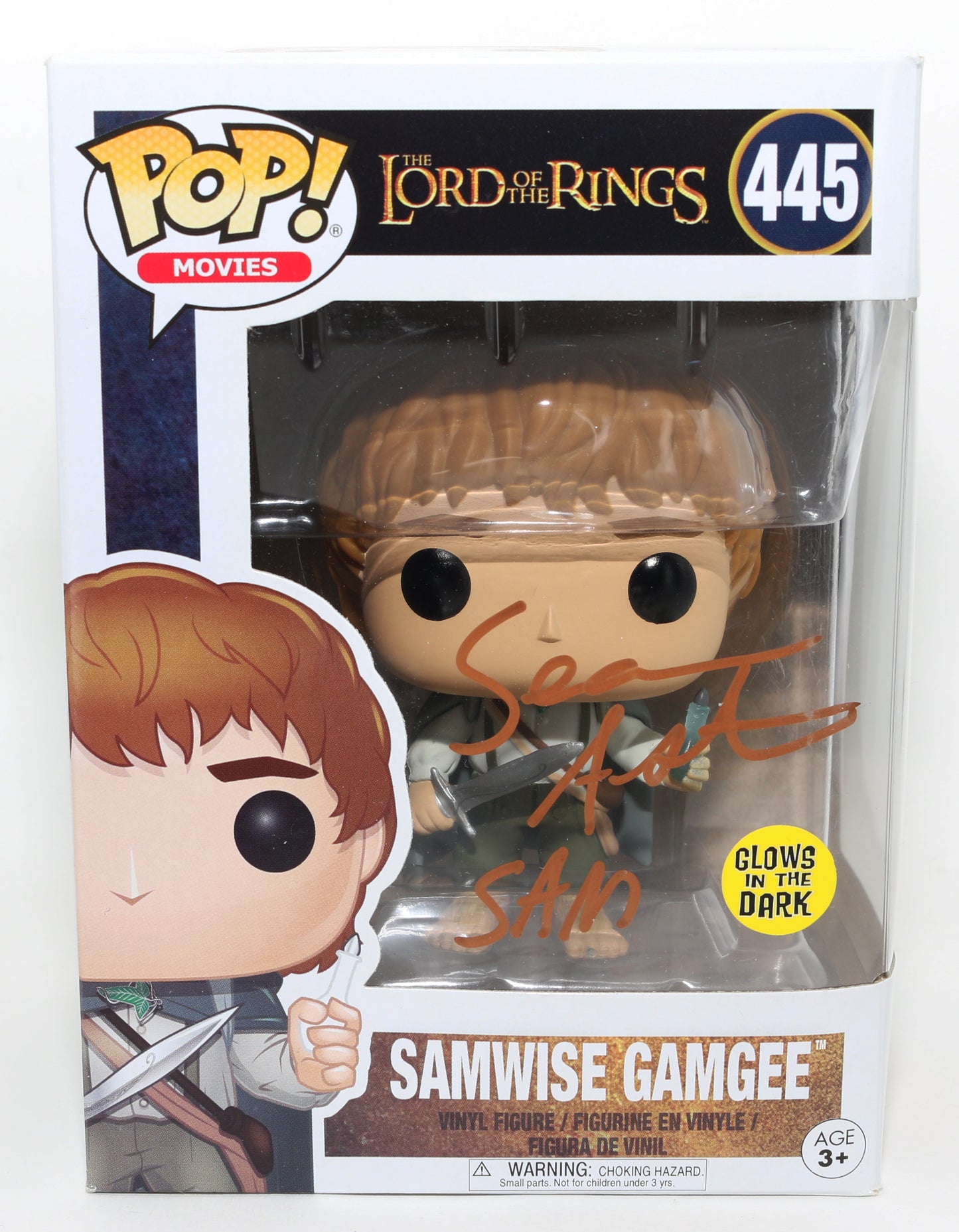 
                  
                    Sean Astin as Samwise Gamgee in The Lord of the Rings GITD Signed Funko POP! #445 with Character Name
                  
                