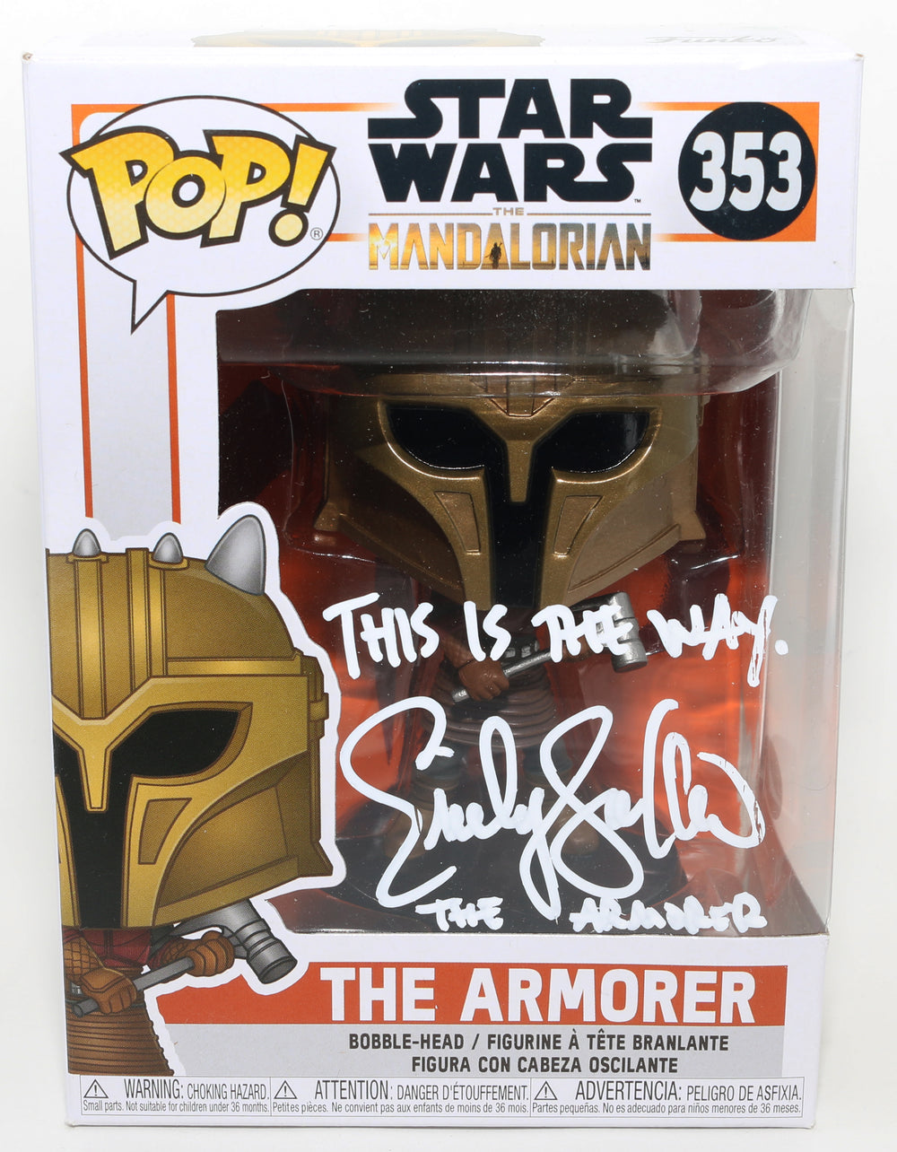 Emily Swallow as the Armorer in Star Wars: The Mandalorian (JSA) Signed Funko POP! #353 with Character Name and Quote