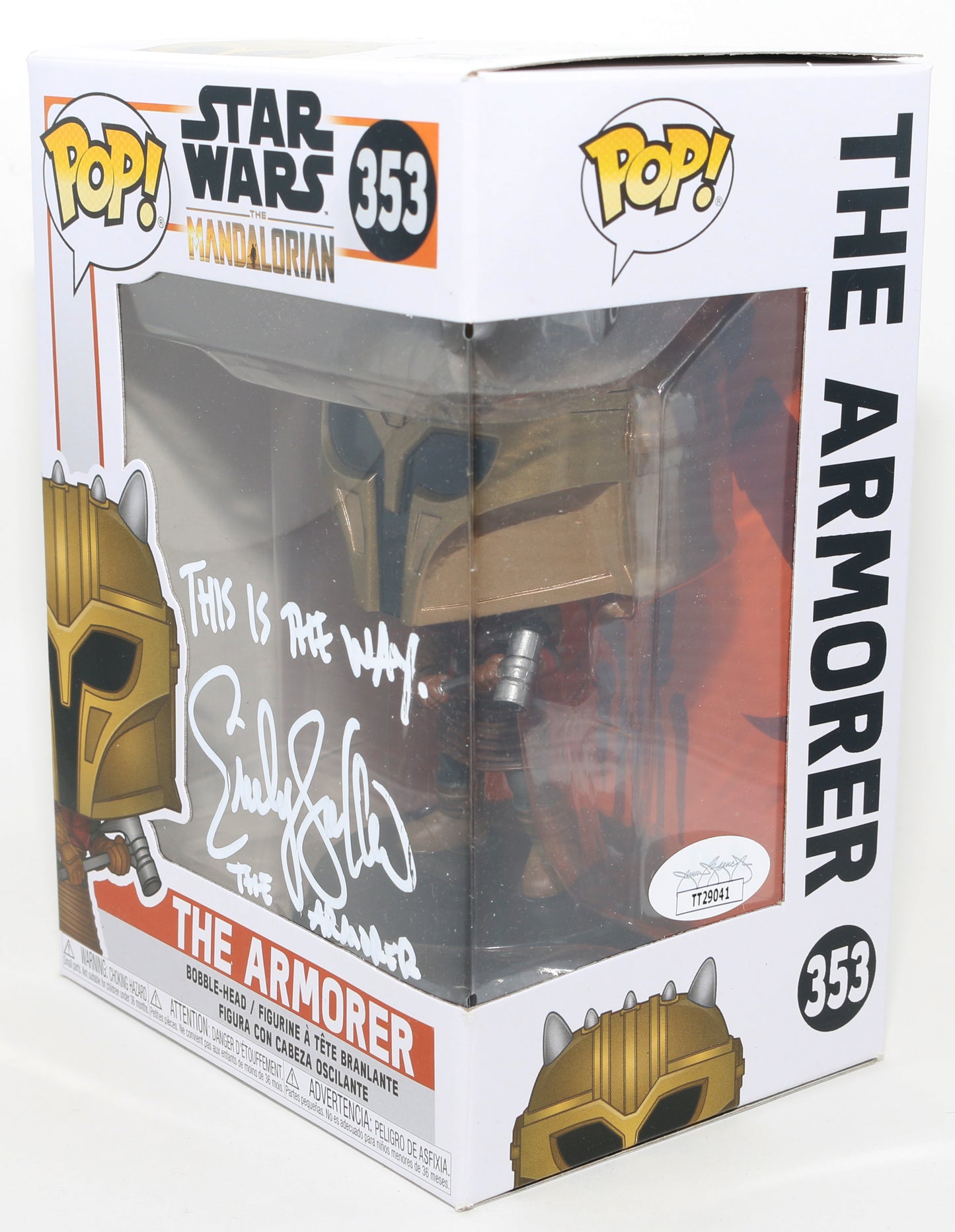 
                  
                    Emily Swallow as the Armorer in Star Wars: The Mandalorian (JSA) Signed Funko POP! #353 with Character Name and Quote
                  
                