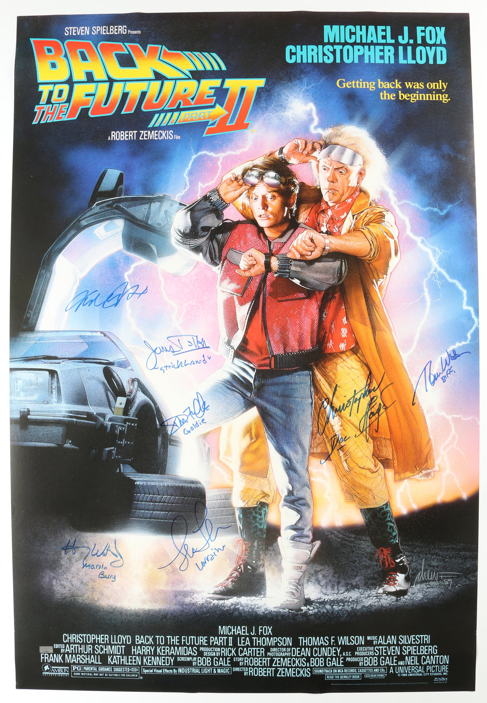 Back to the Future Part II (Celebrity Authentics) 27x40 Poster Cast Signed by Michael J. Fox, Christopher Lloyd, Lea Thompson, Tom Wilson, James Tolkan, Donald Fullilove, & Harry Waters Jr. with Character Names