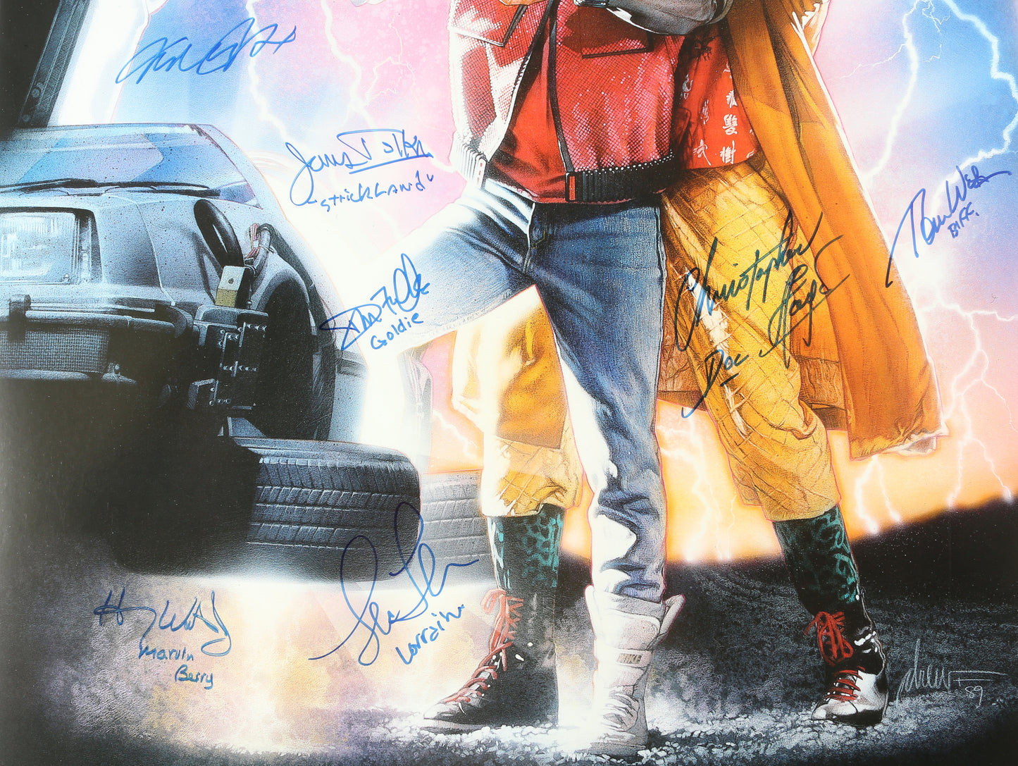 
                  
                    Back to the Future Part II (Celebrity Authentics) 27x40 Poster Cast Signed by Michael J. Fox, Christopher Lloyd, Lea Thompson, Tom Wilson, James Tolkan, Donald Fullilove, & Harry Waters Jr. with Character Names
                  
                