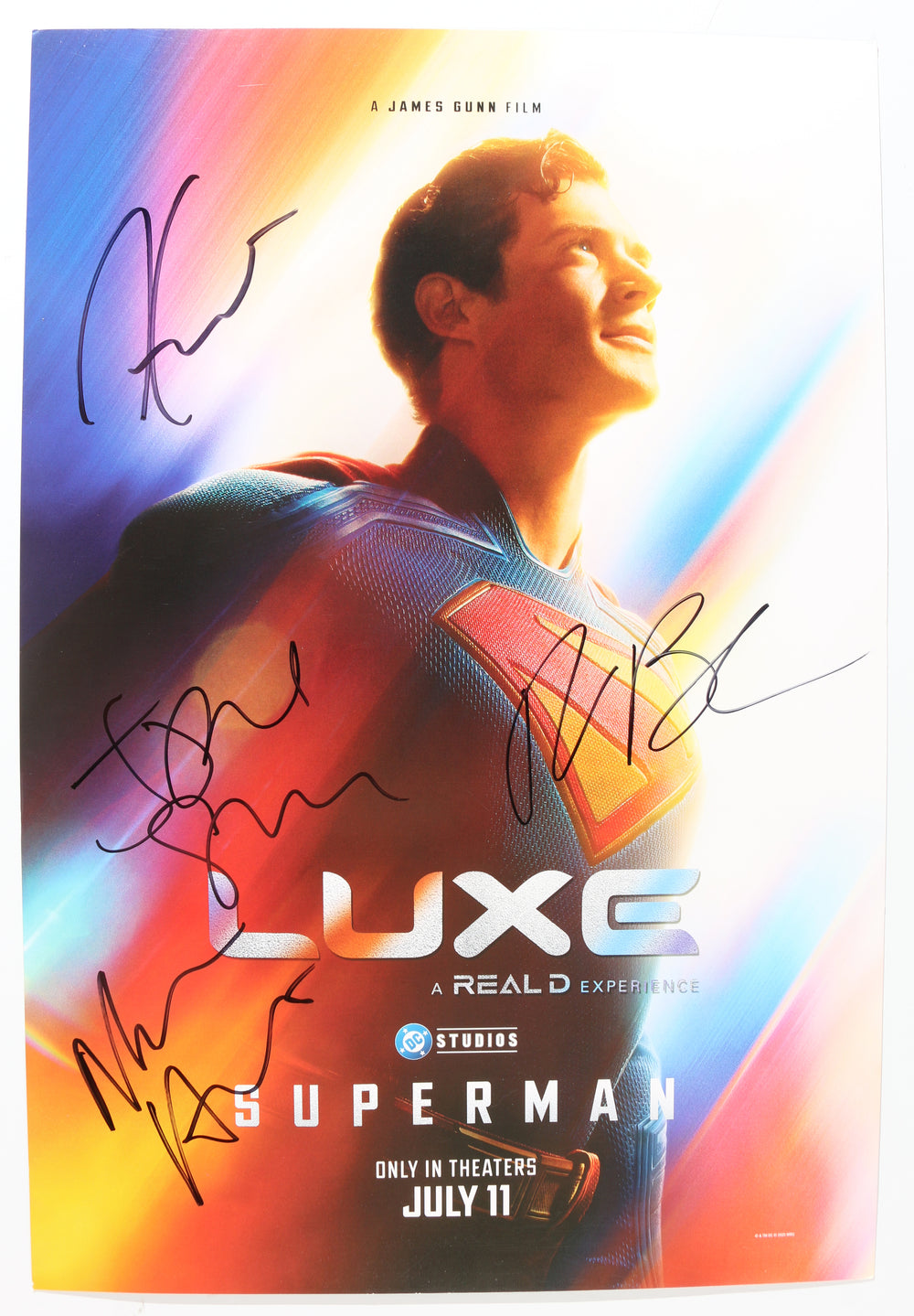 Superman 11x16.5 Mini Poster Cast Signed by David Corenswet, Rachel Brosnahan, Nicholas Hoult, & Director: James Gunn