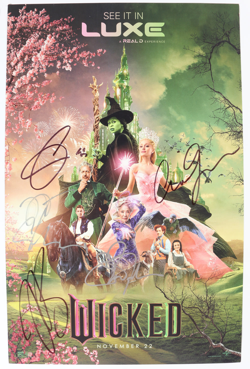 Wicked 11x17 Mini Poster Cast Signed by Cynthia Erivo, Ariana Grande, Jonathan Bailey, Michelle Yeoh, & Jeff Goldblum