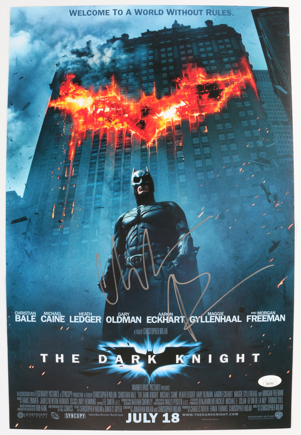 Christian Bale as Batman in The Dark Knight (JSA) Signed 12x18 Mini Poster