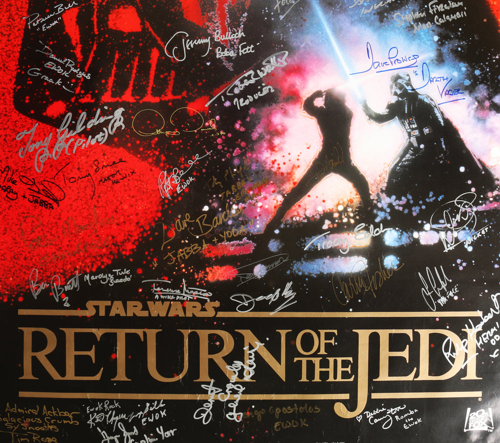 
                  
                    Star Wars: Return of the Jedi 27x40 Poster Cast Signed by Harrison Ford, Carrie Fisher,  Mark Hamill, lan McDiarmid, Anthony Daniels, Bob Anderson, Dave Prowse, Peter Mayhew, Jeremy Bulloch, & More
                  
                