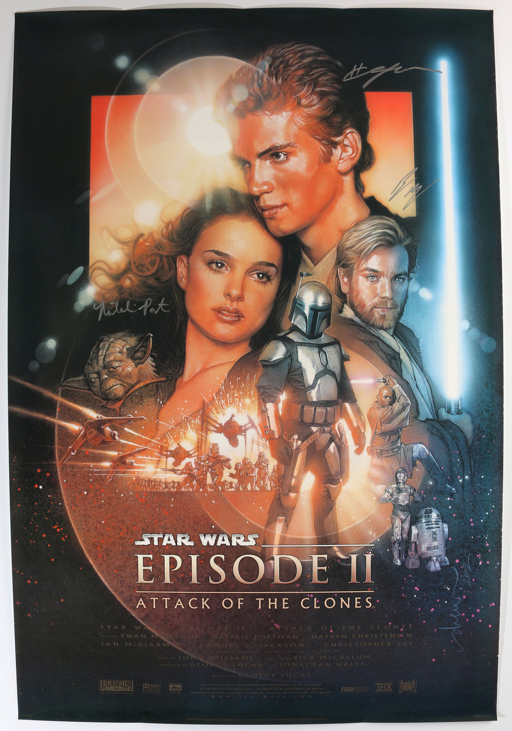 Ewan McGregor as Obi-Wan Kenobi, Natalie Portman as Padme Amidala, & Hayden Christensen as Anakin Skywalker in Star Wars Episode II: Attack of the Clones (SWAU) Signed 27x40 Poster