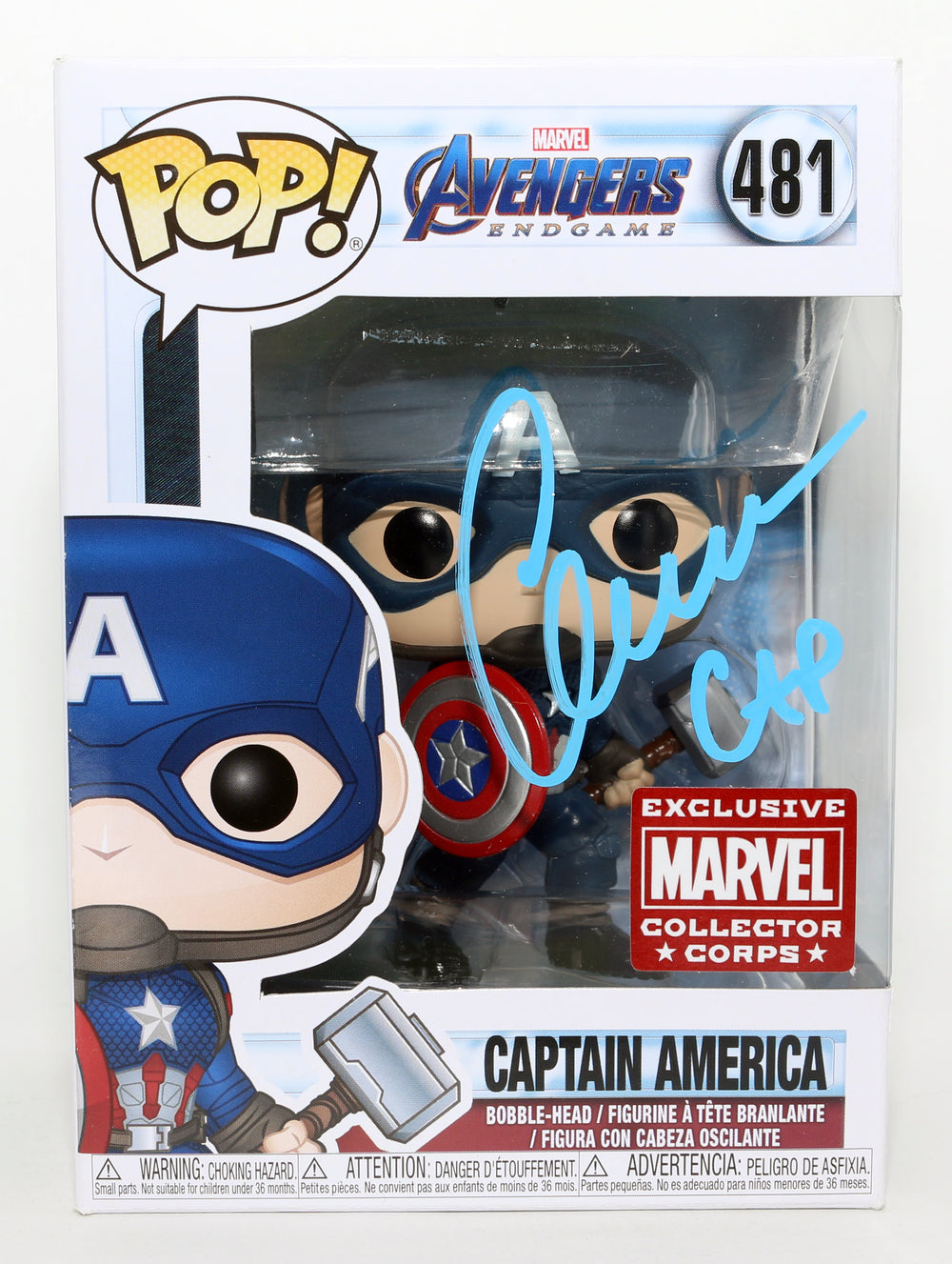 Chris Evans as Captain America in Avengers: Endgame Marvel Collector Corps Exclusive (SWAU) Signed Funko POP! #481 with Character Name