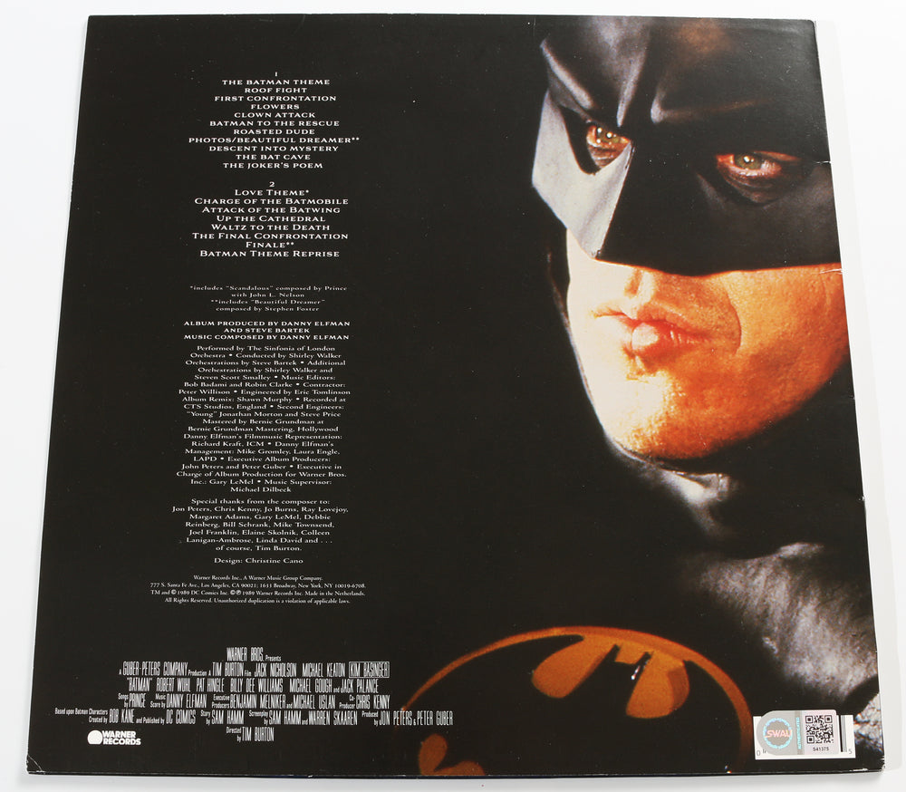 
                  
                    Batman 1989 Original Motion Picture Score 12" Vinyl LP Record Sleeve (SWAU) Signed by Composer: Danny Elfman & Director: Tim Burton
                  
                