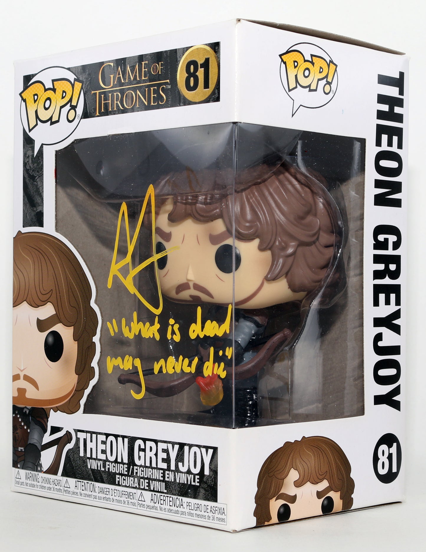 
                  
                    Alfie Allen as Theon Greyjoy in Game of Thrones Signed Funko POP! #81 with Quote
                  
                
