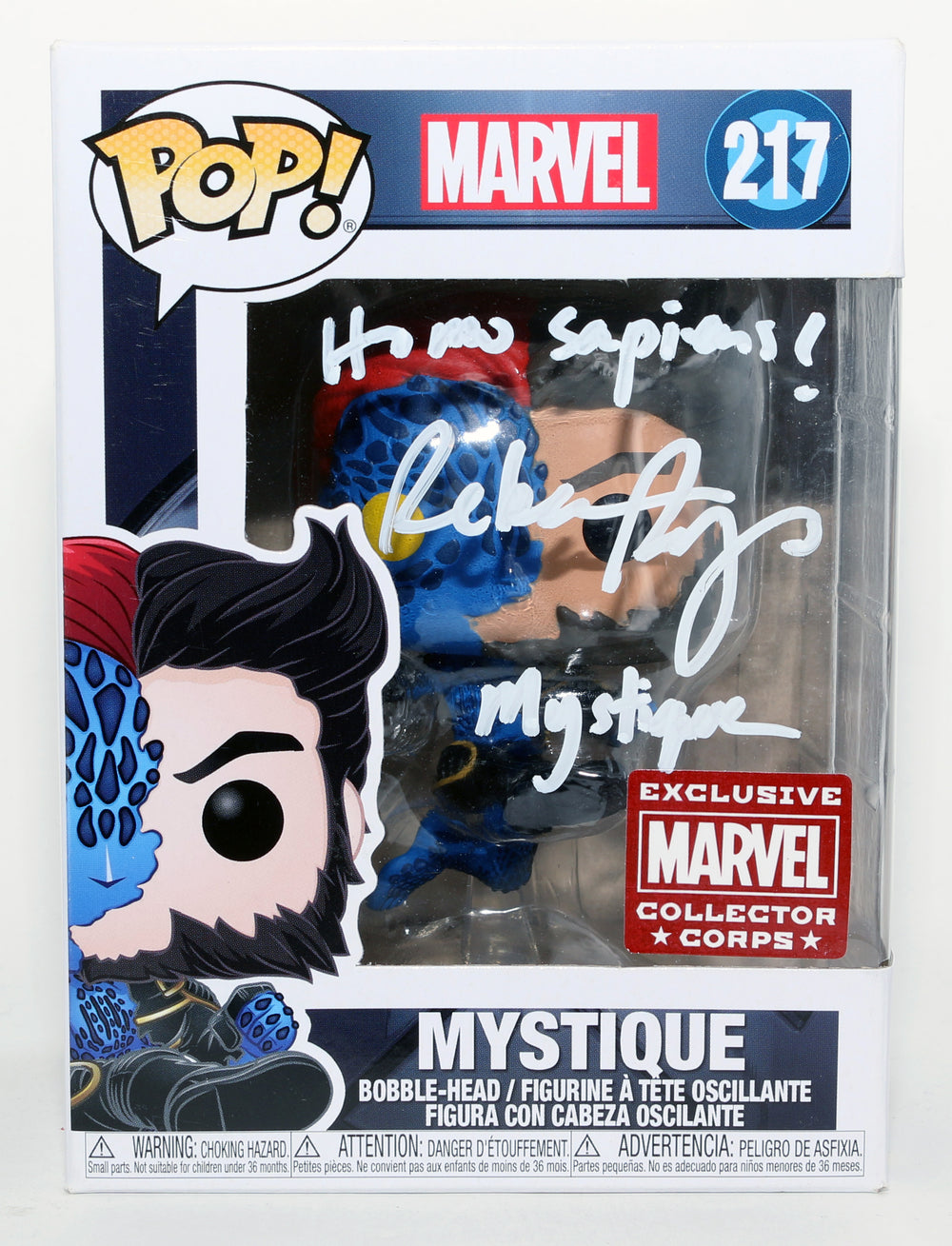 Rebecca Romijn as Mystique in X-Men Marvel Collector Corps Exclusive Signed Funko POP! #217 with Character Name & Quote