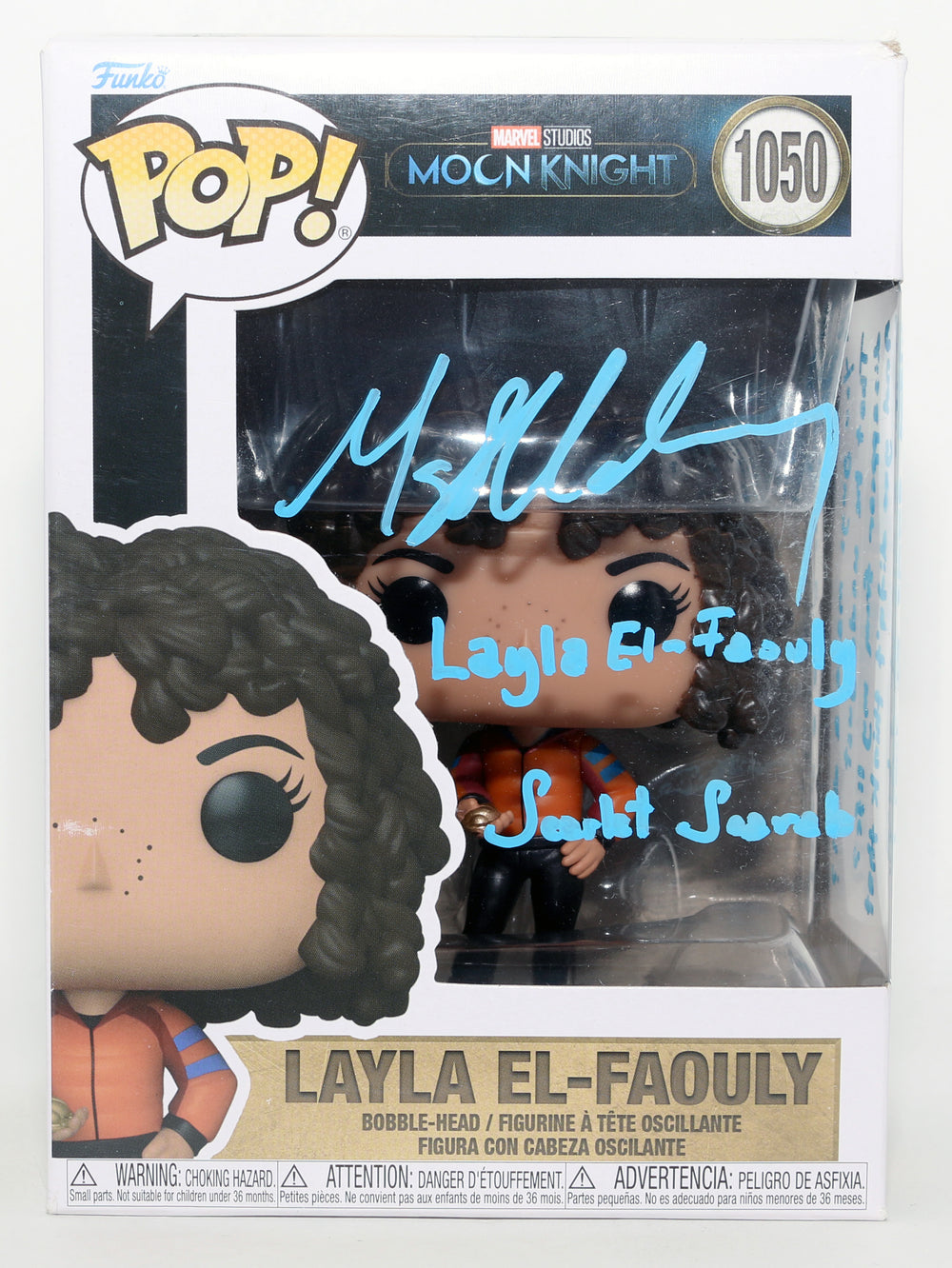 May Calamawy as  Layla El-Faouly / Scarlet Scarab in Moon Knight Signed Funko POP! #1050 with Character Name & Quote