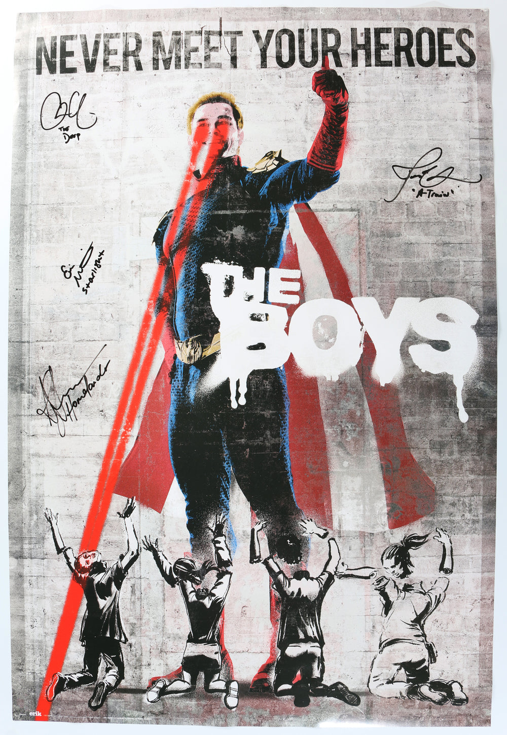 The Boys 24x36 Poster (SWAU) Cast Signed by Antony Starr, Erin Moriarty, Jessie Usher, & Chace Crawford with Character Names