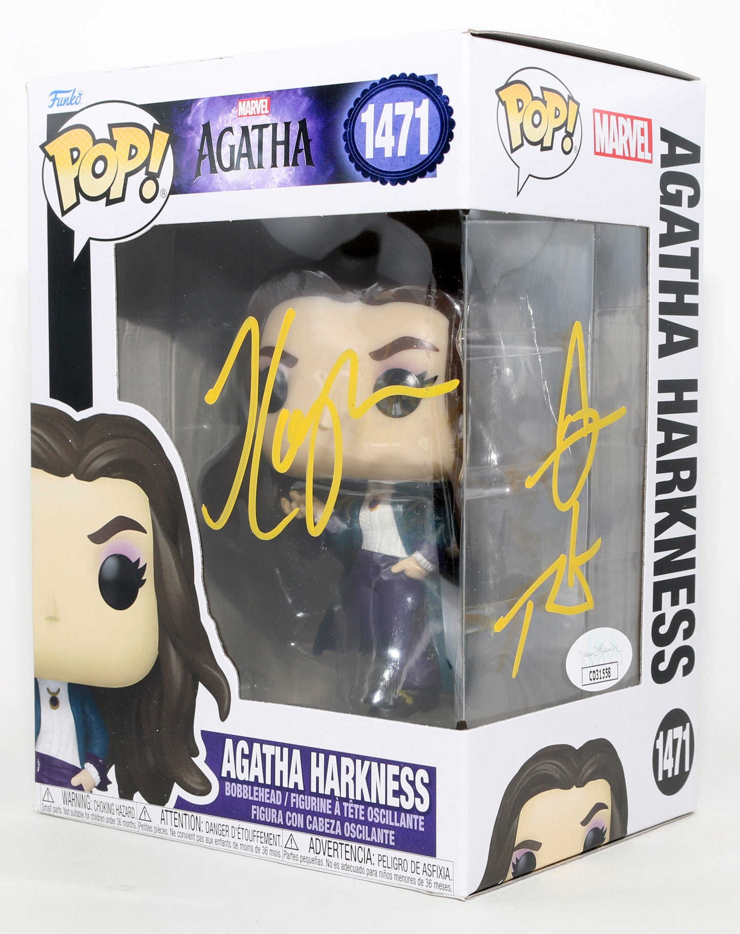
                  
                    Kathryn Hahn as Agatha Harkness in Agatha All Along (JSA) Signed Funko POP! #1471 with Remark
                  
                