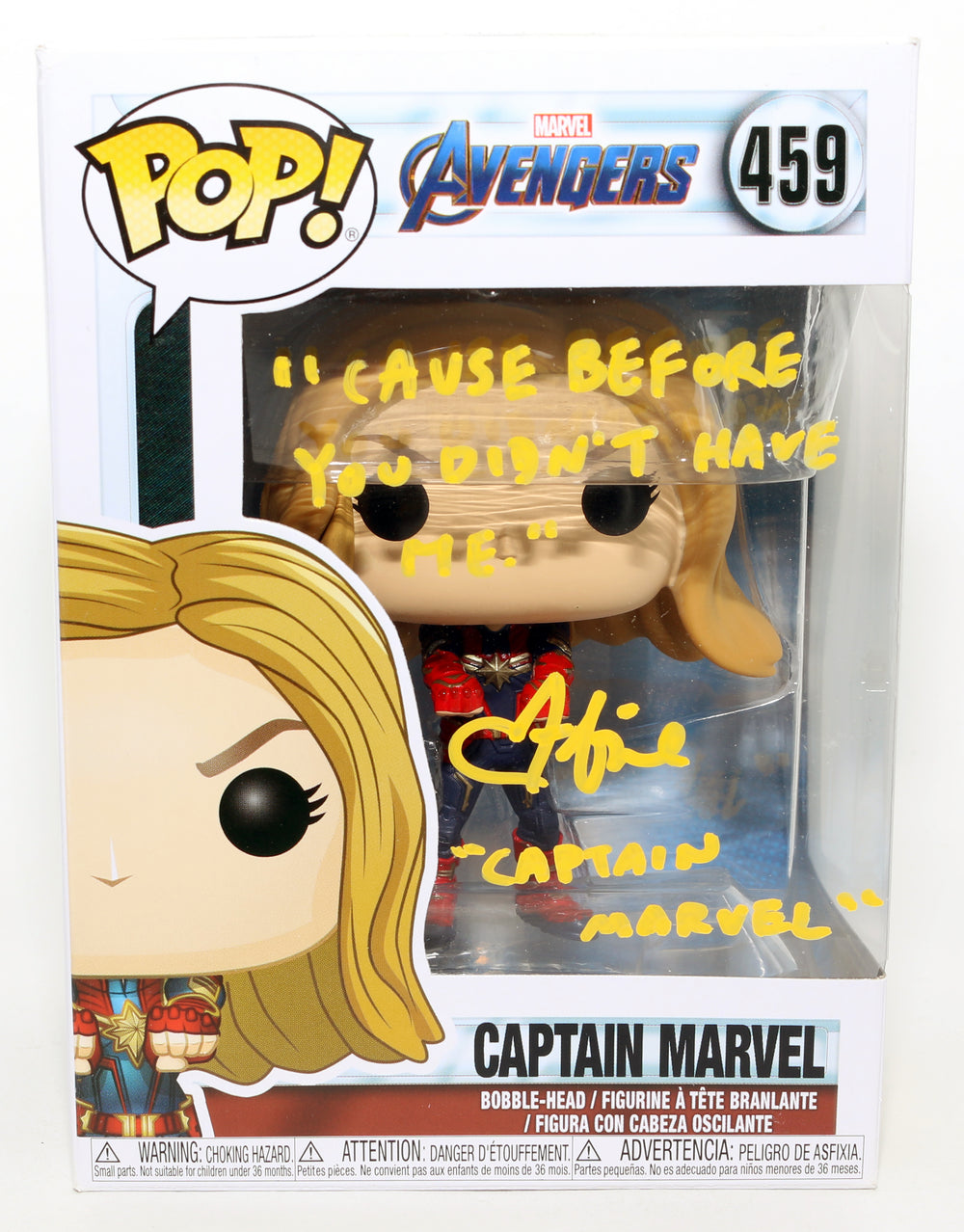 Brie Larson as Carol Danvers / Captain Marvel in Avengers: Endgame Signed Funko POP! #459 with Character Name & Quote