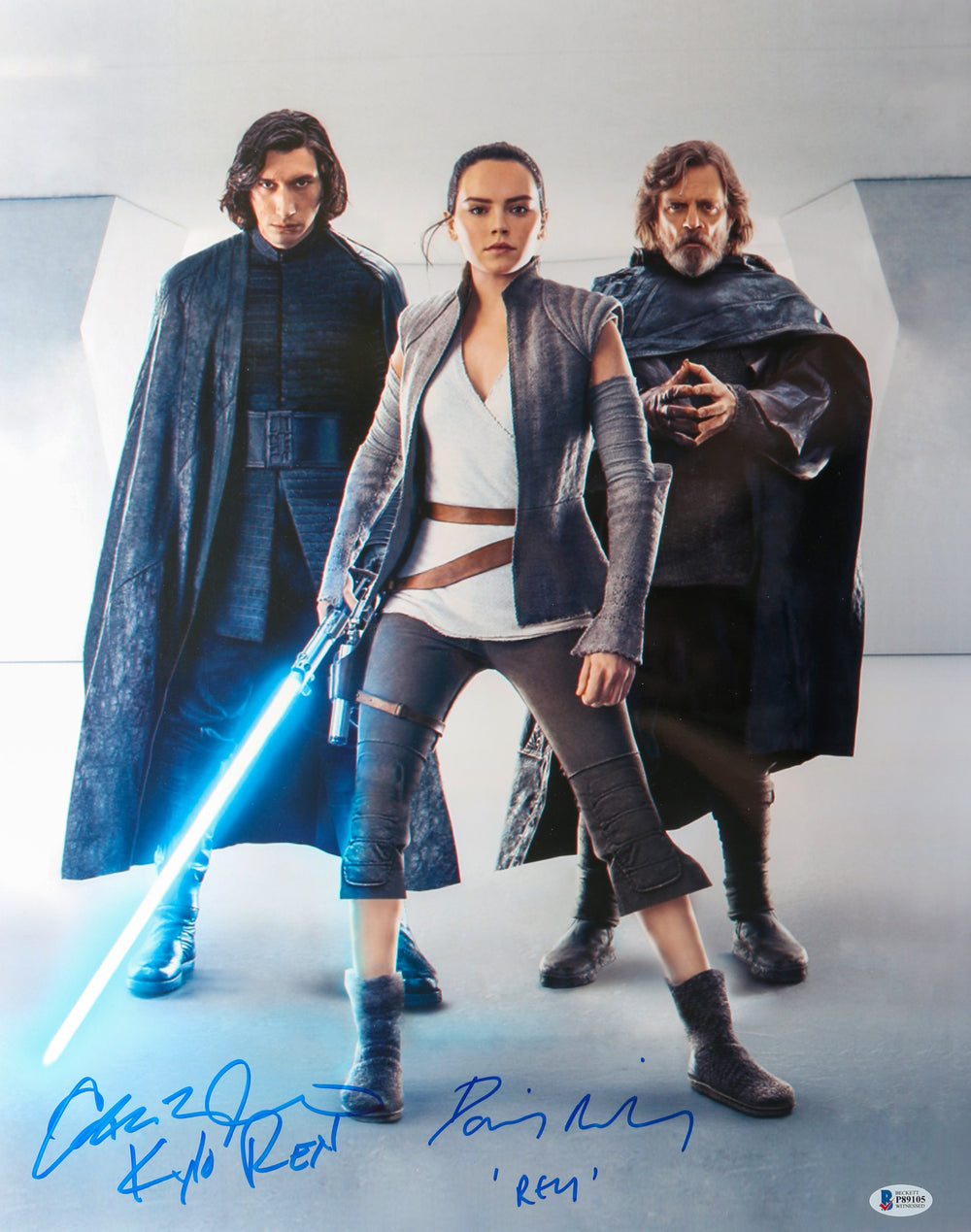 Daisy Ridley as Rey & Adam Driver as Kylo Ren in Star Wars: The Last Jedi (Beckett Witnessed) Signed 16x20 Metallic Photo with Character Names