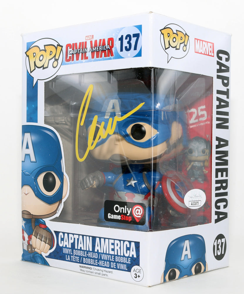 
                  
                    Chris Evans as Captain America in Captain America: Civil War GameStop Exclusive (JSA) Signed Funko POP! #137
                  
                