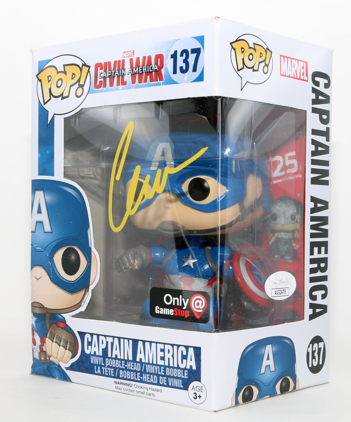 
                  
                    Chris Evans as Captain America in Captain America: Civil War GameStop Exclusive (JSA) Signed Funko POP! #137
                  
                