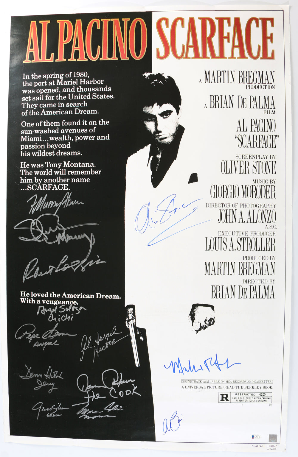 Scarface 25x39 Poster (Beckett Witnessed / ASI) Cast Signed by Al Pacino, Michelle Pfeiffer, F. Murray Abraham, Robert Loggia, Angel Salazar, Pepe Serna, Al Israel, Caesar Cordova, Dennis Holahan, Miriam Colon, Geno Silva, & Director: Oliver Stone