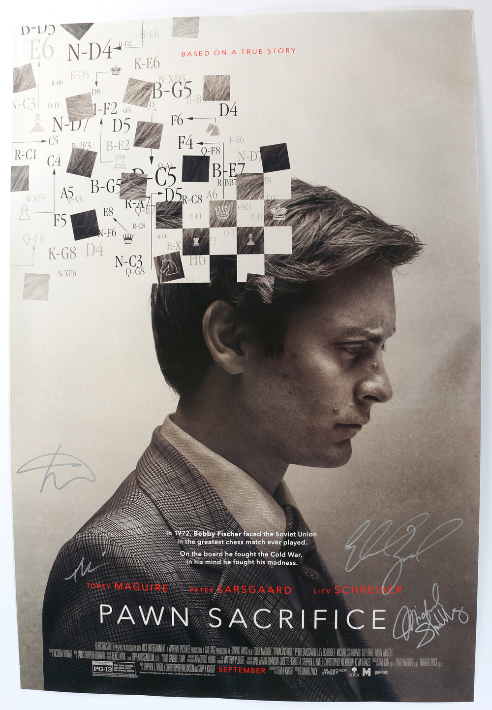 Pawn Sacrifice 27x40 Poster Cast Signed by Tobey Maguire, Liev Schreiber, Michael Stuhlbarg, & Director: Edward Zwick