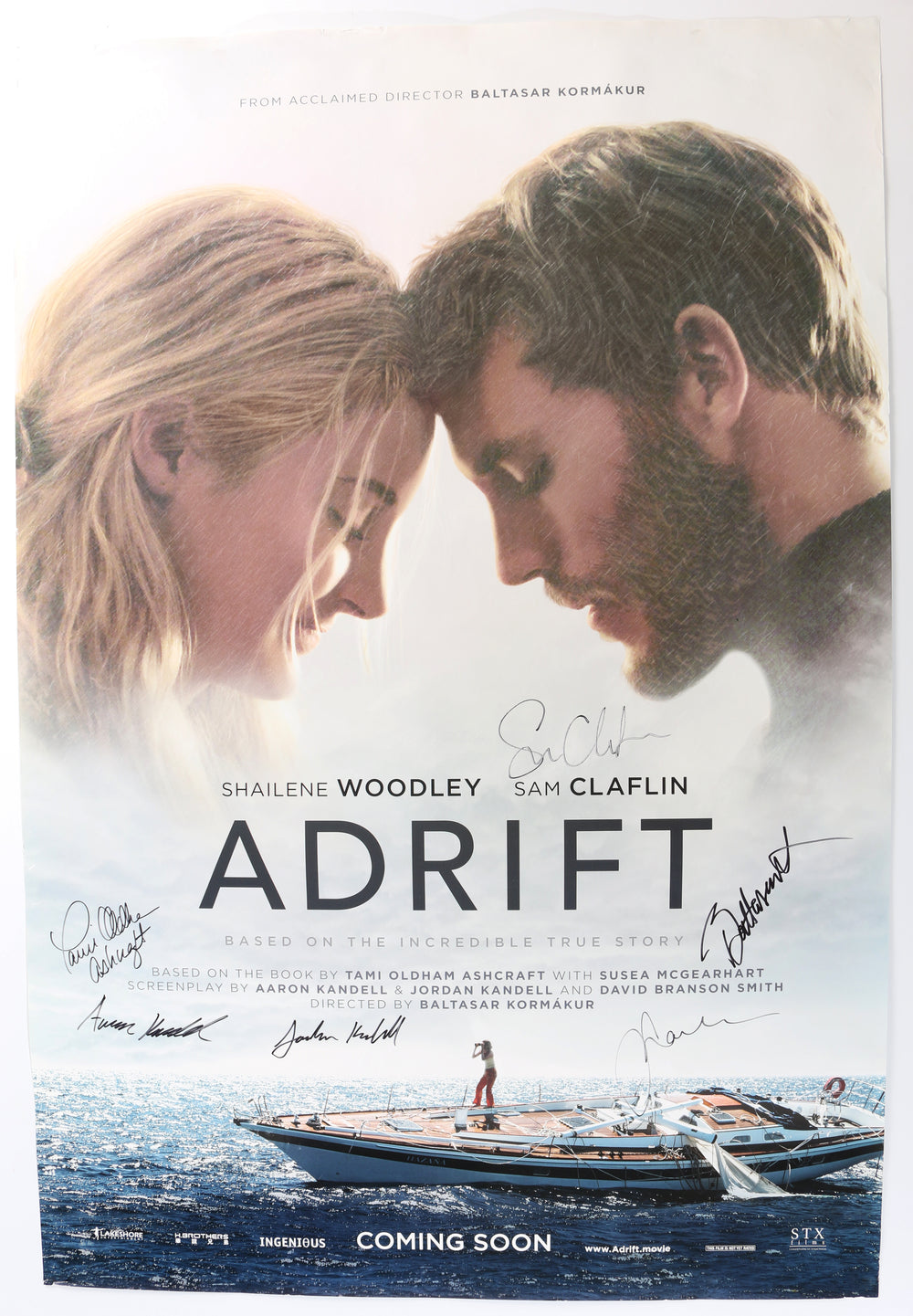 Adrift 27x40 Poster Cast Signed by Sam Claflin, Shailene Woodley, Tami Oldham Ashcraft, Aaron Kandell, Jordan Kandell, & Director: Baltasar Kormákur