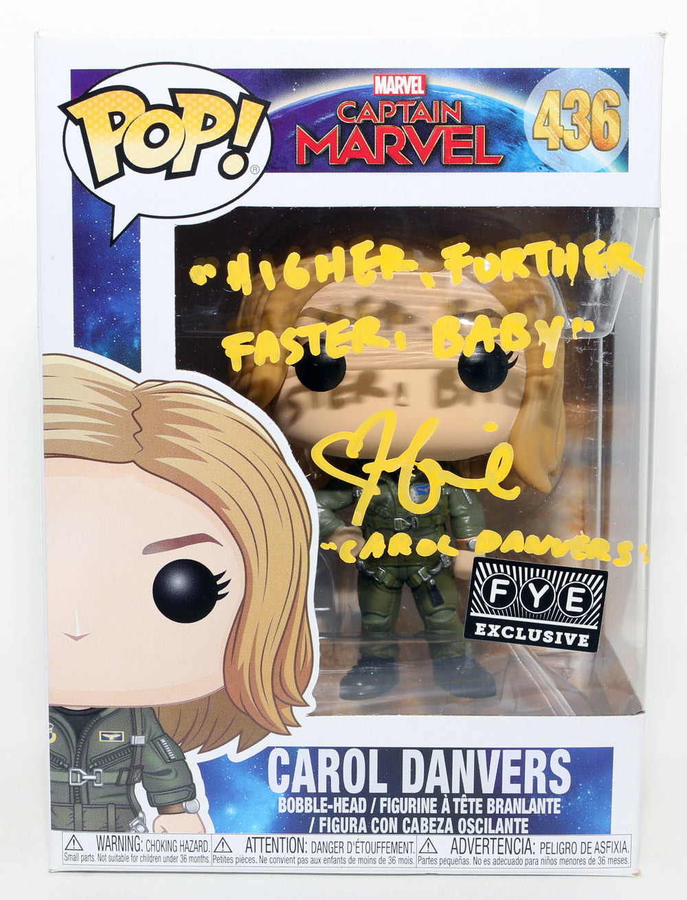 Brie Larson as Carol Danvers / Captain Marvel in Captain Marvel F.Y.E. Exclusive Signed Funko POP! #436 with Character Name & Quote