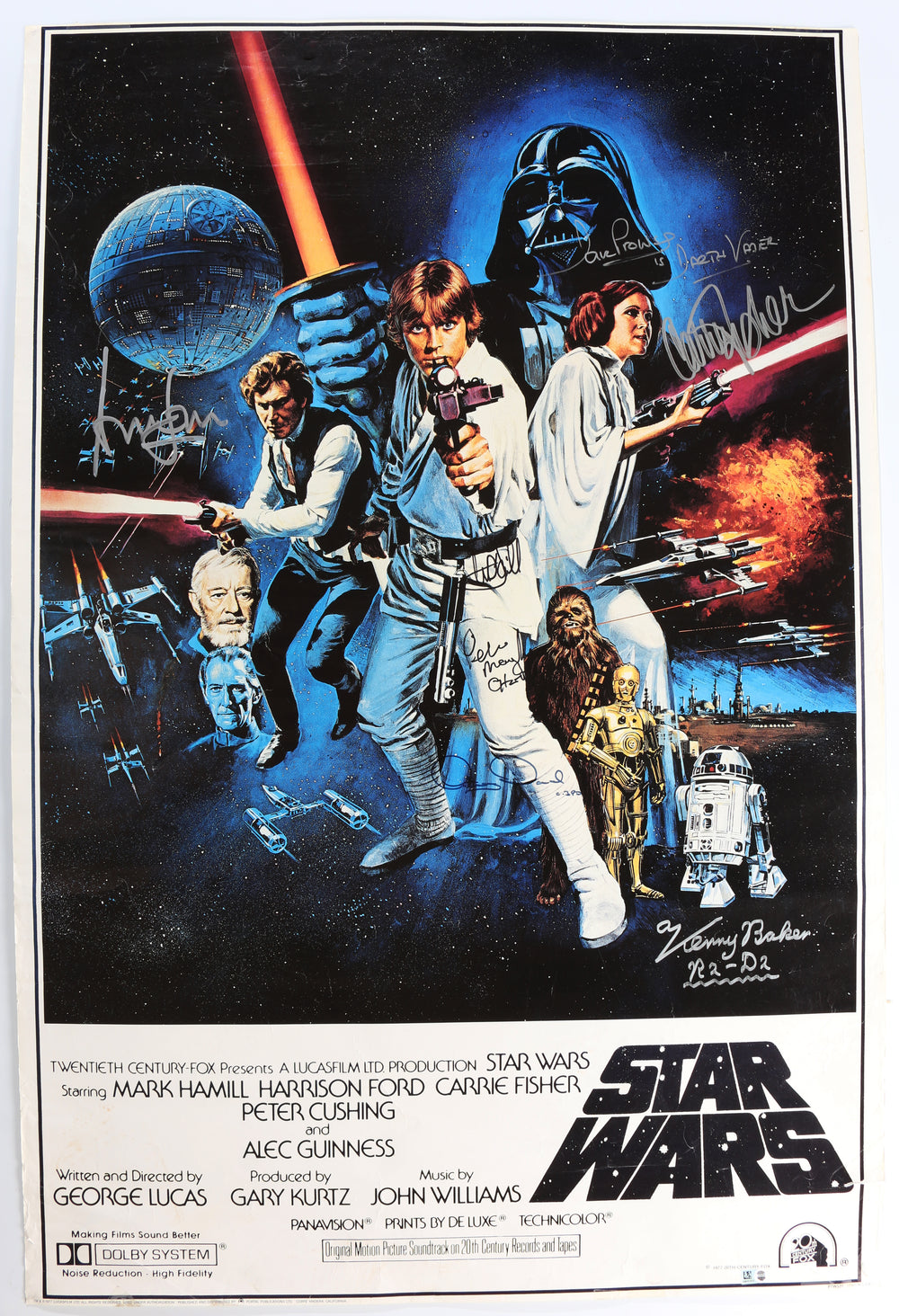 Star Wars: A New Hope 24x36 Poster Cast Signed by Harrison Ford, Carrie Fisher, Mark Hamill, Peter Mayhew, Dave Prowse, Anthony Daniels, & Kenny Baker