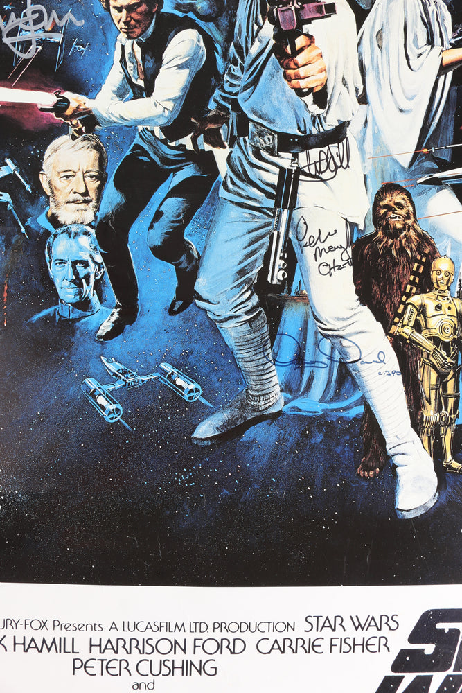 
                  
                    Star Wars: A New Hope 24x36 Poster Cast Signed by Harrison Ford, Carrie Fisher, Mark Hamill, Peter Mayhew, Dave Prowse, Anthony Daniels, & Kenny Baker
                  
                